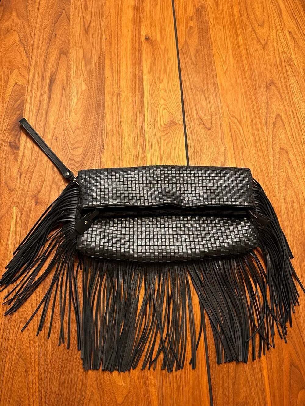 Gorgeous Black Woven Leather Fringe Clutch Bag - Made in Brazil